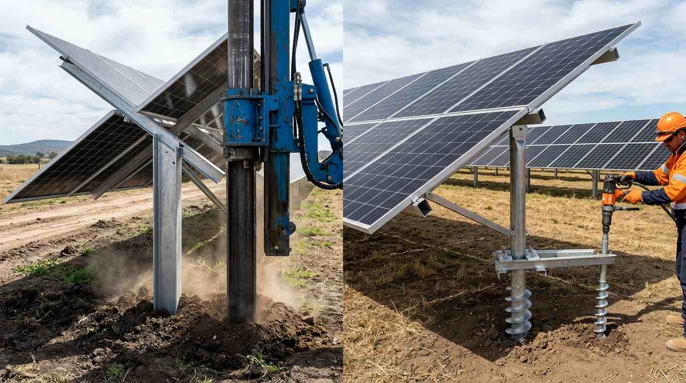 Ramming pile vs ground screw solar mounting foundation by Sunforson